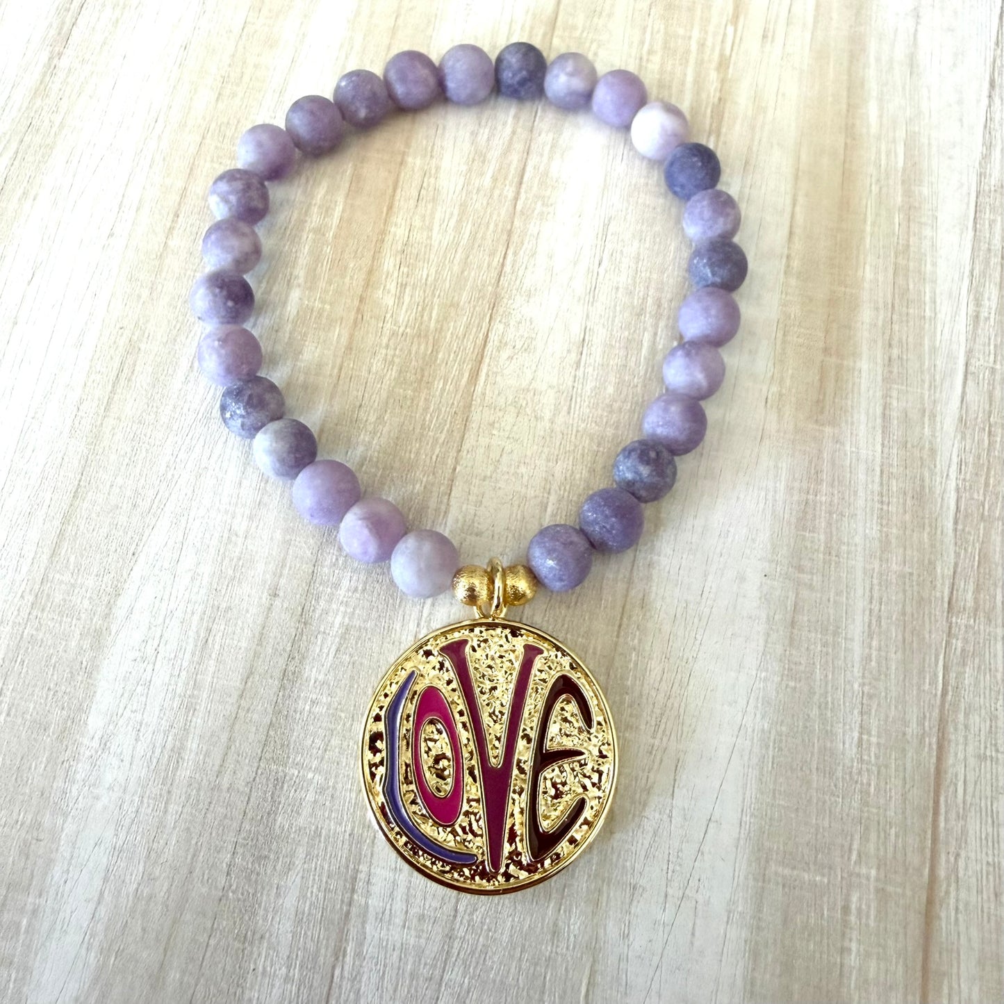 Lilac Lepidolite and Love Charm Bracelet