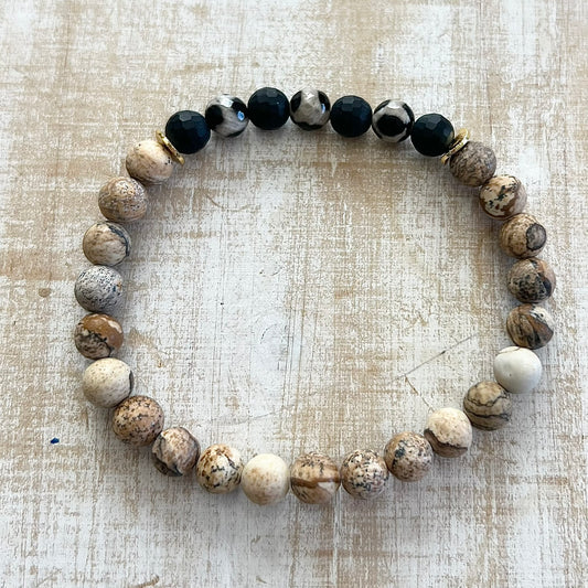 Jasper, Tibetan Agate & Faceted Onyx Bracelet