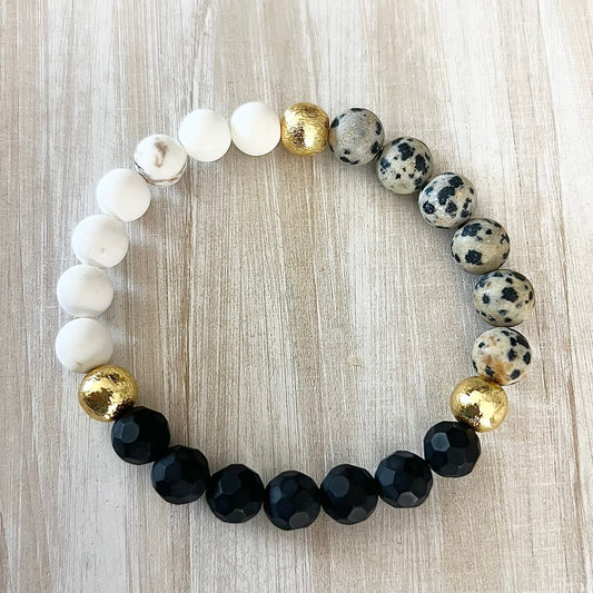 Dalmatian Jasper, Howlite, Faceted Onyx & Brushed Gold Bracelet