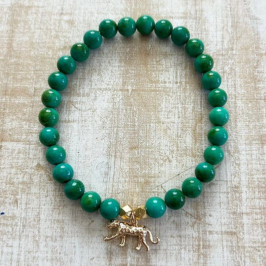 Green Turquoise with a Gold Cheetah Charm Bracelet