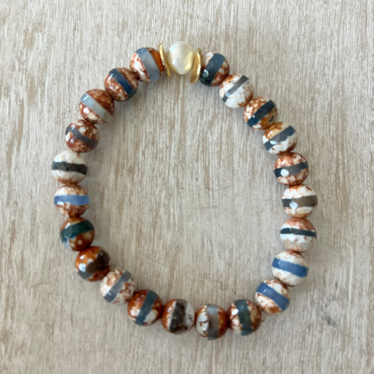 Tibetan DZI Agate and Pearl Bracelet